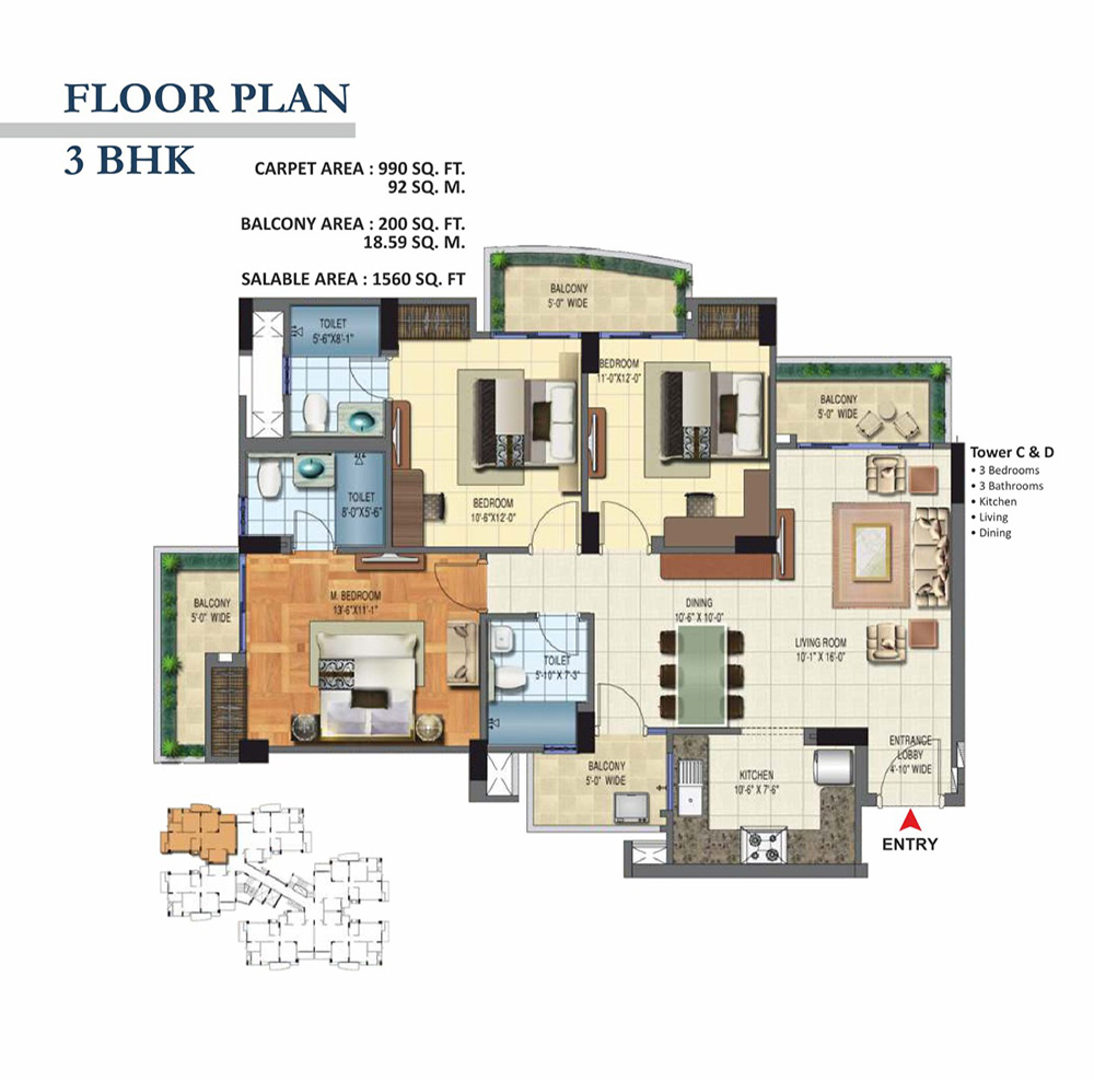 royal court 3 bhk flats floor plan